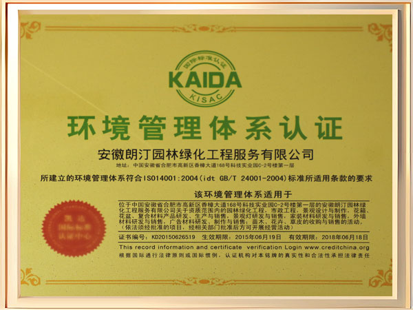 环境管理体系认证证书